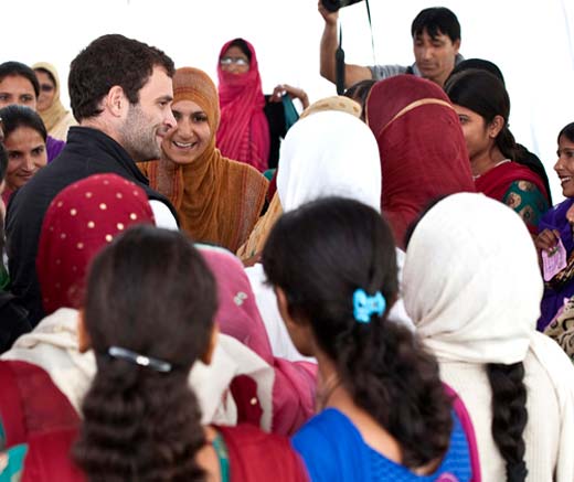 Rahul Gandhi interacting with Umeed beneficiaries in Budgam on Thursday.