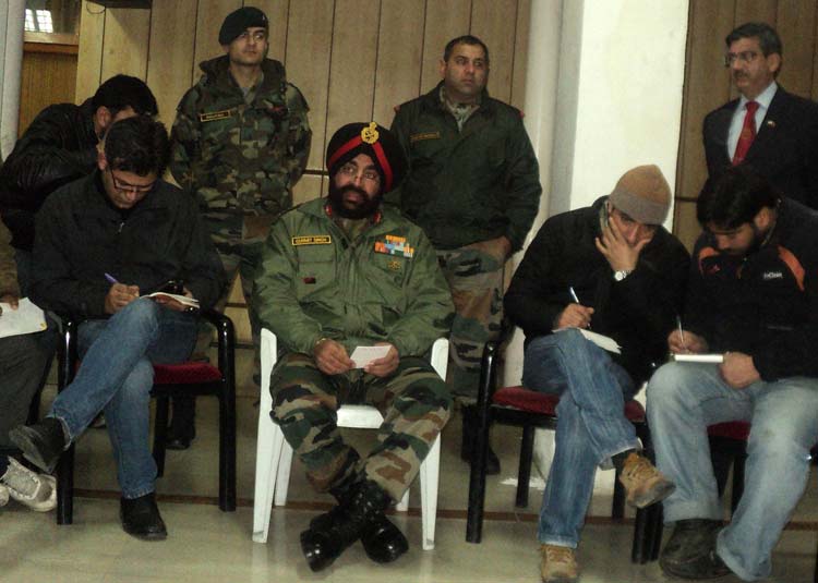 Gen Bikram Singh interacting with media at Chinar Corps' Headquarters in Srinagar.