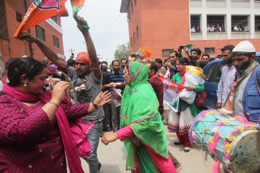 BJP supporters dancing in Srinagar to celebrate its win in Lok Sabha.