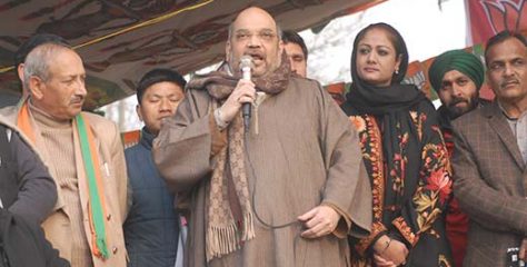 Amit Shah during his maiden rally in Srinagar. Pic: Bilal Bahadur