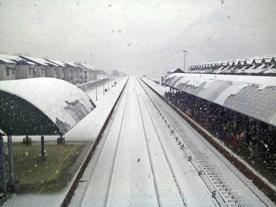 A view of deserted Banihal Railway station in South Kashmir after valley witnessed moderate snowfall.