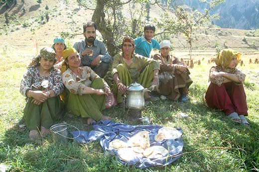 In fields, a Kashmiri family sipping Nun Chai. Pic: Bilal Bahadur