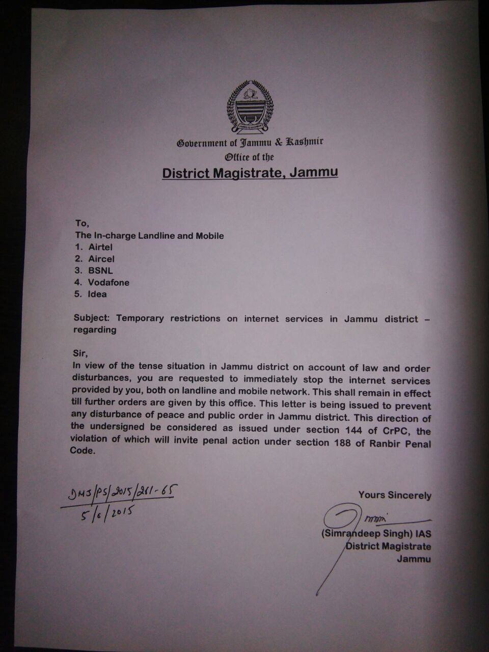 Image of DC Jammu Order Copy.