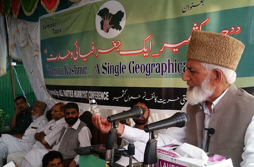 Octogenarian Syed Ali Geelani addressing seminar at his office-cum residence in uptown Hyderpora on Wednesday. 