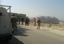 Ahead of CM Mufti’s Visit, ‘Blast’ Ripped off in Shopian’s Mini Secretariat Security on alert near Mini Secretariat Shopian post blast this morning. (KL Image: Sheikh Hilal)
