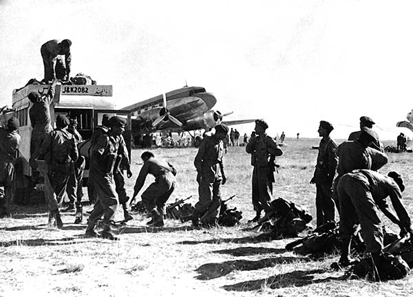 Indian army landing at Srinagar Airport on October 27, 1947.