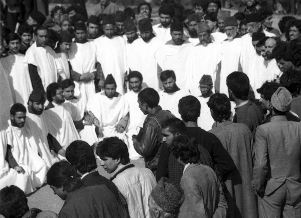 "Kafan Posh" MUF candidates at an election rally in Iqbal Park in 1987 before March 23 polling day. (Photos in special arrangement with MERAJUDDIN)