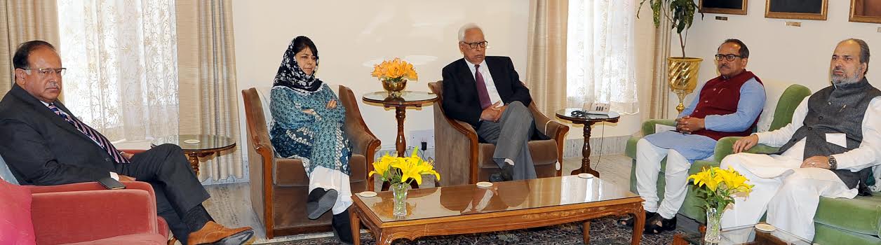 PDP, BJP alliance partners met Governor N N Vohra in Jammu on March 26, 2016 to stake claim over government in J&K.