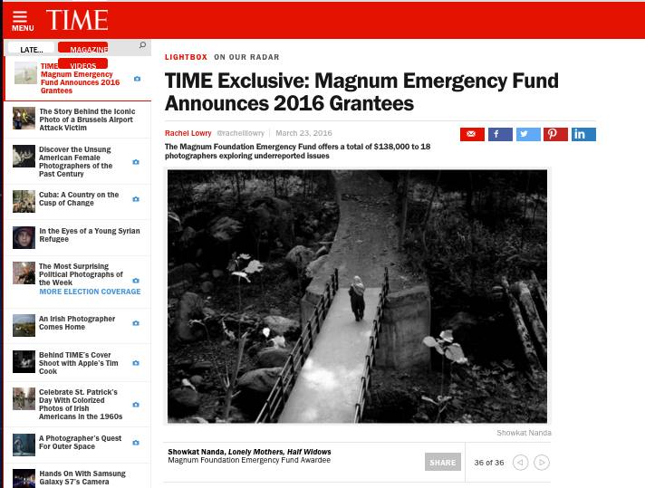 The scree shot of TIME magazine exclusive story detailing the grant given to 18 photo-journalists across the world. (Downloaded on March 23 @ 6:30 PM)