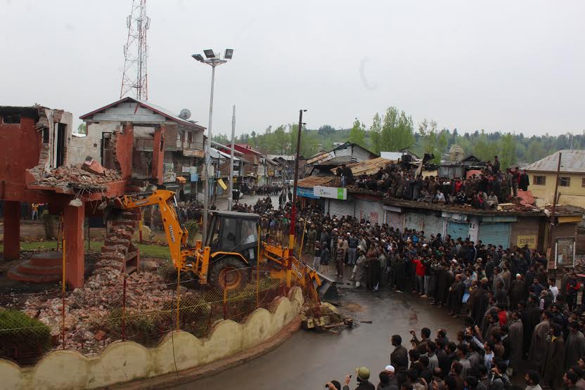 The army bunker which had occupied main chowk in Handwara was razed to ground on April 19, 2016. (KL Image: Mohammad Abu Bakar)
