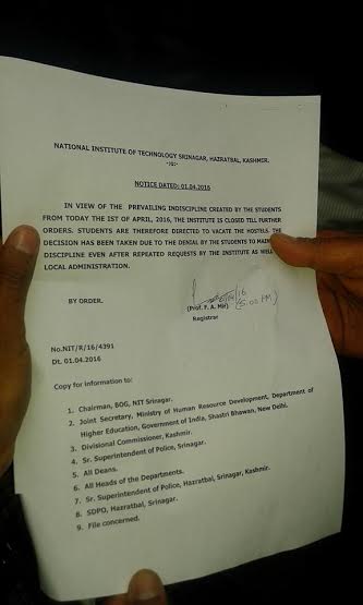 NIT Srinagar Closure Notice