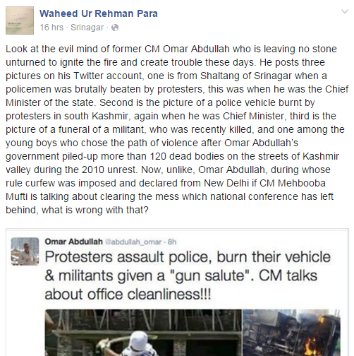 The screenshot of Waheed-Ur-Rehman Parra's Facebook page downloaded on April 09, 2016 @ 11:00 AM.