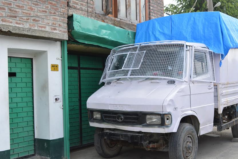 Police van stationed outside residence of Hurriyat patriarch Syed Ali Geelani on Friday. He is under house detention since he returned from New Delhi.