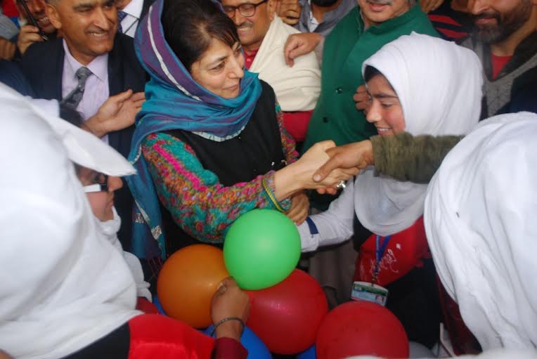 CM Ms Mehbooba Mufti interacted with school children after she inaugurated four new trains at Islamabad. (KL Image: Shah Hilal)