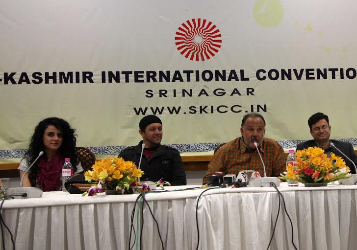Veteran Bollywood actor Alok Nath along with Producer Imran Khan and Actoress Sara Afreen Khan addressing a press conference at SKICC in Srinagar on Wednesday during shooting of Bollywood feature film Sargoshiyan in KashmirPHOTO BY BILAL BAHADUR