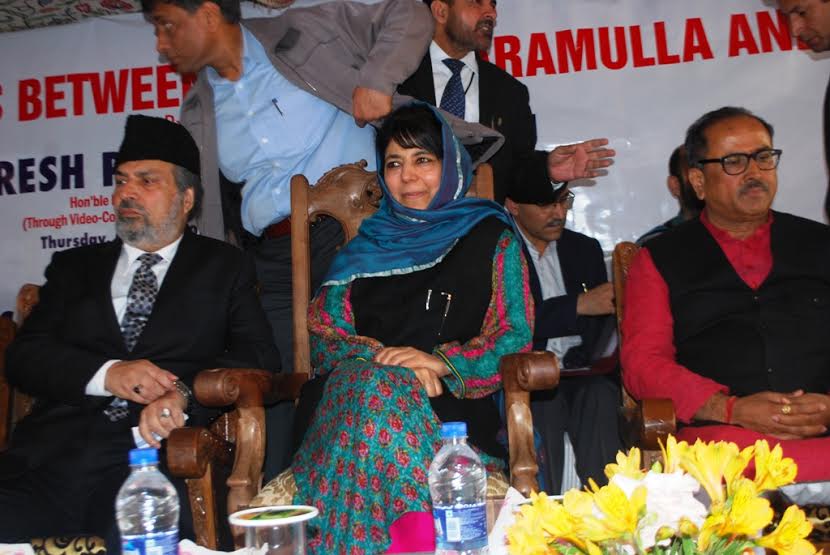 CM Mehbooba Mufti, MP Muzaffar Hussian Baid and Dy CM Dr Nirmal Singh at Islamabad when four new trains were inaugurated on May 05, 2016 photo by Shah Hilal