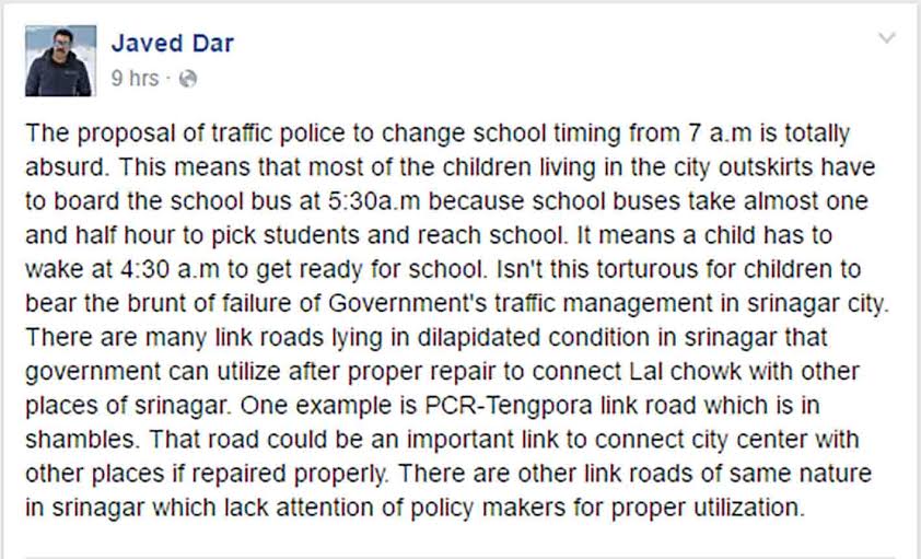 Photo-Journalist, Javed Dar, makes a comment about the proposed early schooling to ease the traffic mess. (Downloaded on May 03, 2016 @ 6: 20 PM)