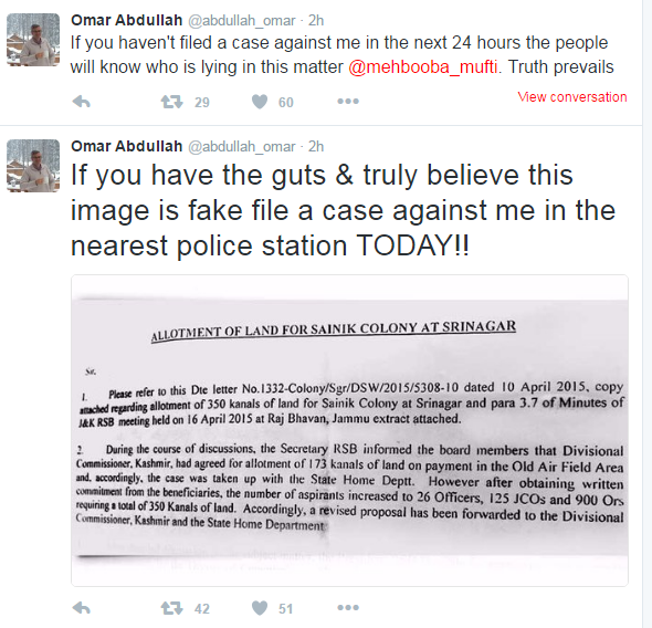 Screenshot of Omar Abdullah's Twitter account downloaded on May 09, 2016 @ 01: 50 PM