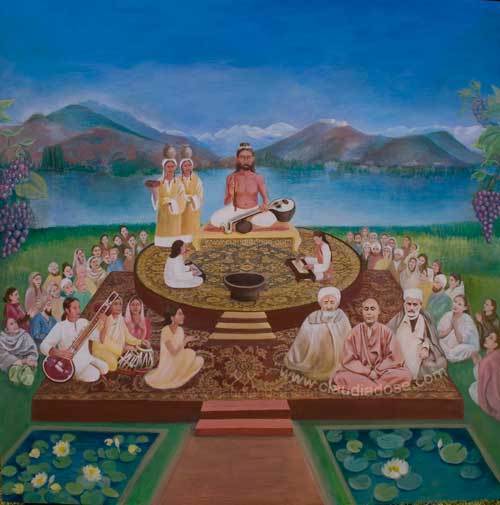 Abhinavagupta with his two spiritual consorts, his pupils and followers - a painting by German artist Claudia Dose