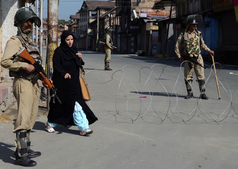 Razed wires are spread on roads to stop movement of people during curfew situation in Kashmir.