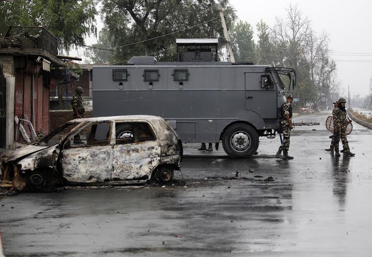 A car which belonged to a Police man was burnt down by protestors in Parimpora area of Srinagar on July 15, 2016 evening.