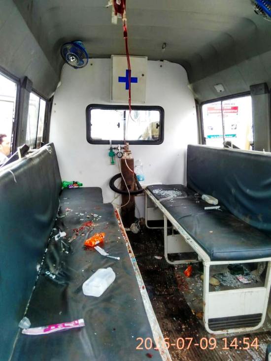 The tell tale details in the ambulance after the patient and his attendants were removed.