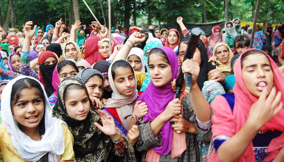 Women and children were at the forefront of protests in Khudwani area of Kulgam district. 