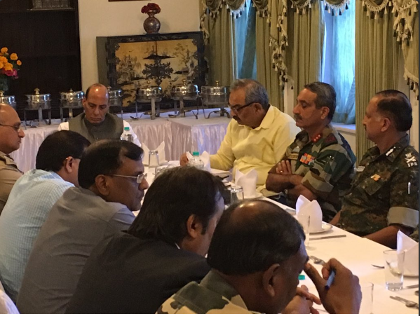 Union Home Minister chairing a security review meet in Srinagar on August 24, 2016.
