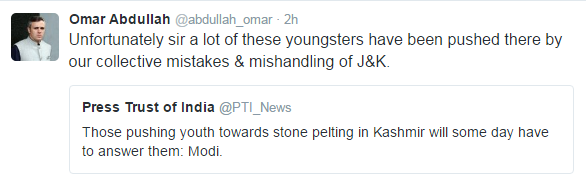 Screenshot of Twitter handle of Omar Abdullah downloaded on August 28, 2016 @ 01:35 PM.