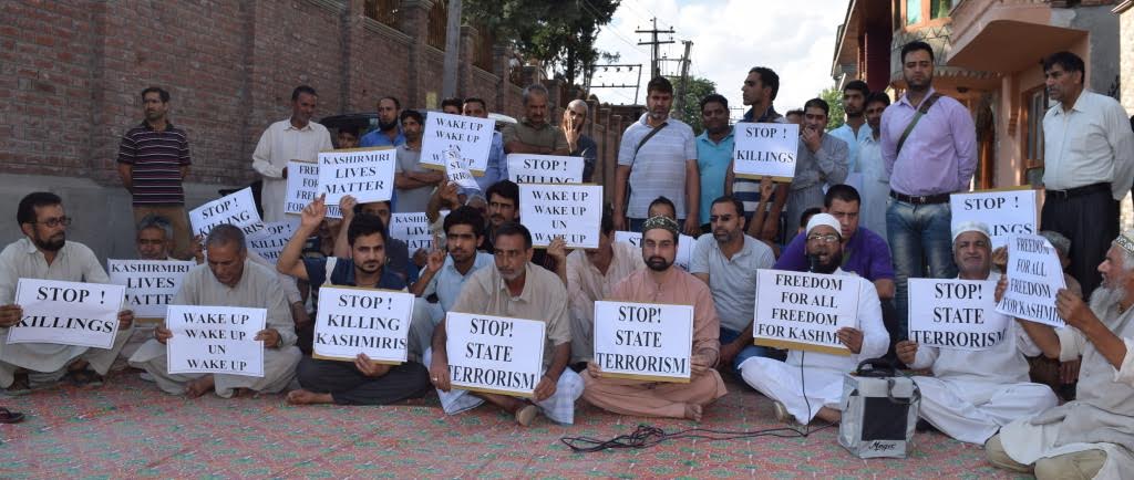 Mirwaiz Umar Farooq led a Sit-In protest outside his besieged residence at Nigeen on Wednesday.