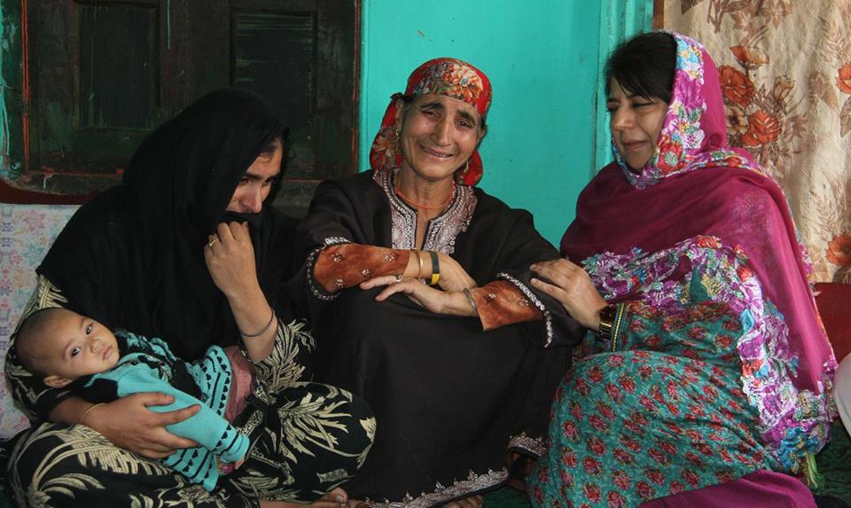 CM Ms Mehbooba Mufti with family of slain Mashooq Ahmad in Kund village of Kulgam on September 03, 2016. (KL Image: FB page of Mehbooba Mufti)