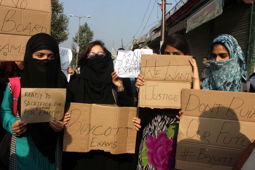Students held protests against the announcement of examination in Kashmir saying scores of students were killed and hundreds injured by men in uniform since July 09, 2016. (KL Image: Shah Hilal)