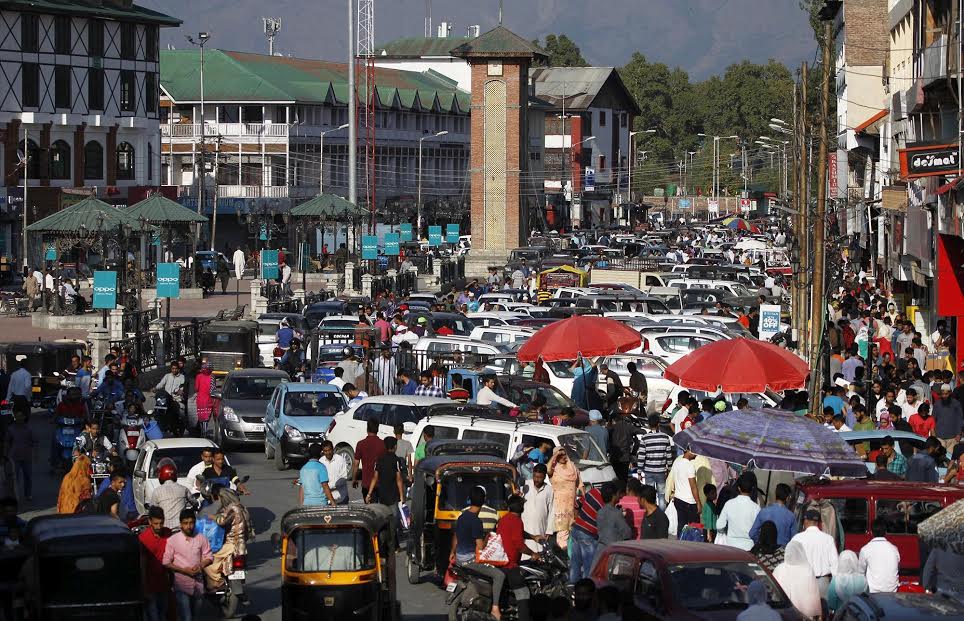 An aerial view  of main historical business hub of Lal Chowk  Srinagar on Sunday after the united-separatist  leaders  announced a relaxation call after nine days for public movement after  2pm. PHOTO BY BILAL BAHADUR