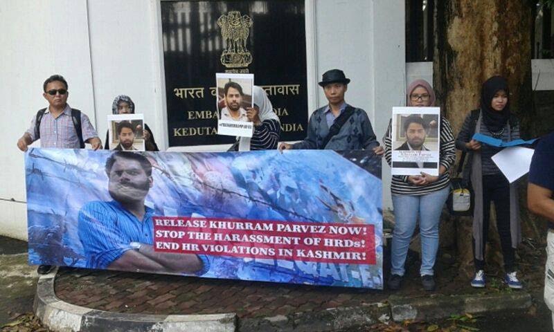 AFAD volunteers holding protest outside Indian High Commission in Jakarata Indonesia on Sep 29, 2016.