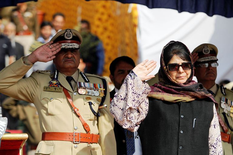 Chief Minister Ms Mehbooba Mufti receives 'guard of honour' by J&K Police cops (not in picture) at Zewan Police headquarters on Oct 21, 2016. (KL Image: Bilal Bahadur)