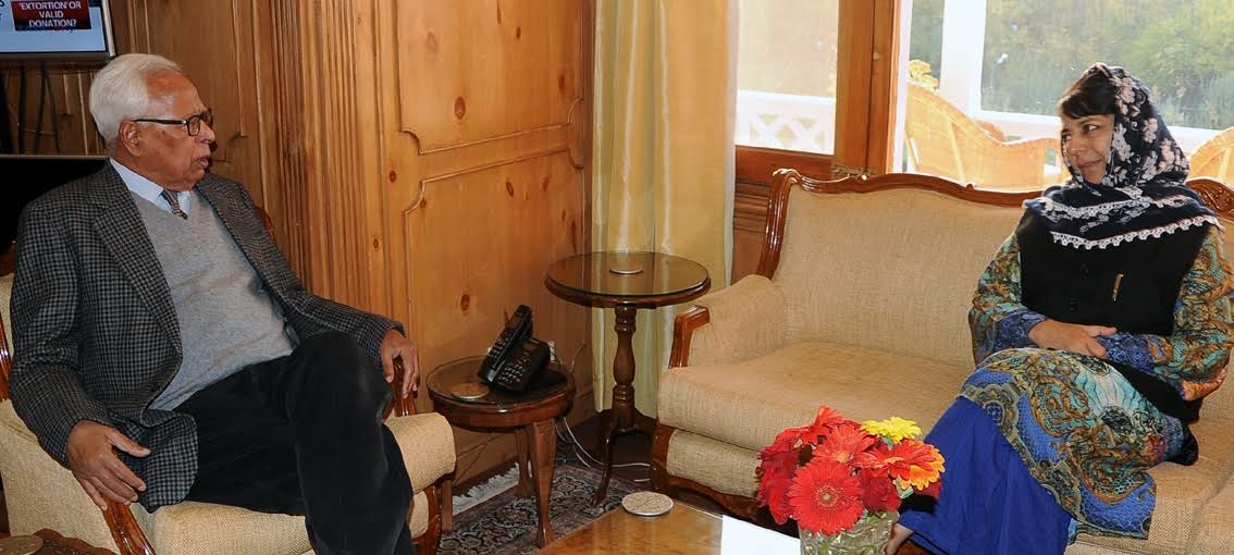 Chief Minister Ms Mehbooba Mufti with Governor N N Vohra at Raj Bhawan in Srinagar on Oct 24, 2016.