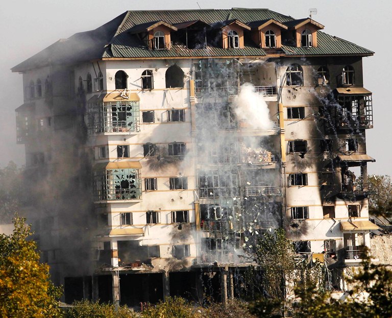 Army soldiers used IEDs and rockets against the suspected militants believed to be hiding inside the hostel building of the JK EDI at Sempora, Pampore. (KL Image clicked on Oct 11, 2016: Bilal Bahdur)