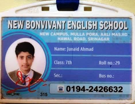The school identity card of slain Junaid Ahmad Akhoon, a 12-year-old school boy.