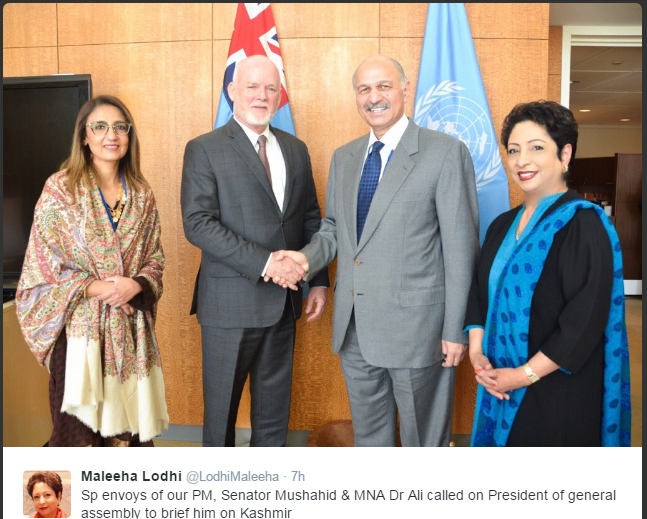 Ambassador Dr Maleeha Lodhi, Senator Mushahid Hussain and Dr Shezra Mansab Ali (MNA) with President of UN General Assembly, Peter Thomson in UN on Tuesday.