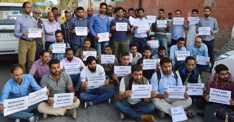 Is Kashmir under martial law? Kashmiri Journalists holding sit-in against ban on 'Kashmir Reader' on Oct 4th 2016. (KL Image: Bilal Bahadur)