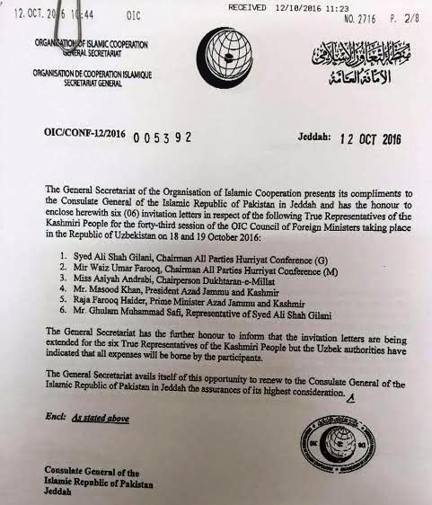 The screenshot of the OIC letter to Kashmiri resistance leaders.
