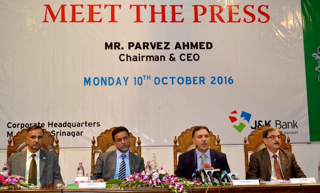 J&K Bank Chairman & CEO, Parvez Ahmed (2nd from Right) addressing a press conference at the bank's headquarter in Srinagar on October 10, 2016. (KL Image courtesy: Mehraj Bhat)