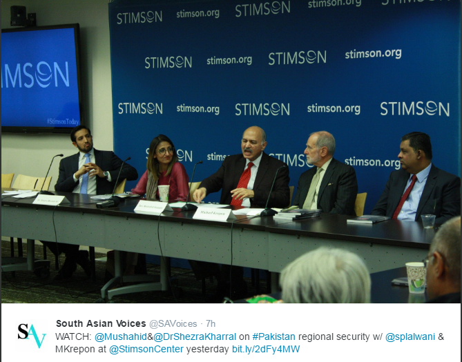 Senator Mushahid Hussain Sayed speaking at Stimson Centre in Washington Oct 08, 2016. (KL Image: https://twitter.com/mushahid)
