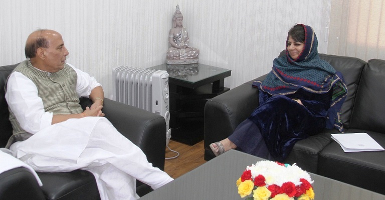 Chief Minister Ms Mehbooba Mufti with Home Minister Rajnath Singh in Delhi on November 28, 2016.