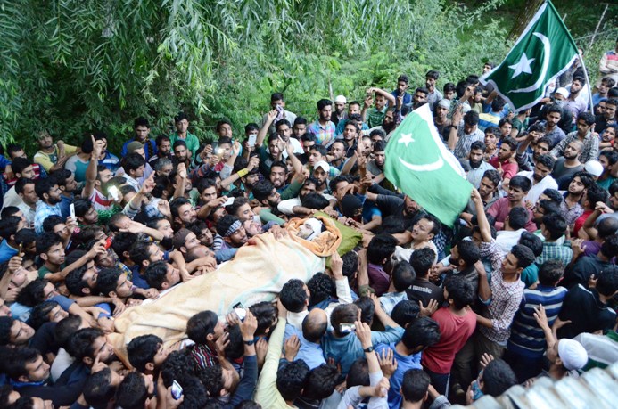Mourners carry Burhan Wani's body for burial. Pic: Bilal Bahadur Mourners carry Burhan Wani's body for burial. Pic: Bilal Bahadur