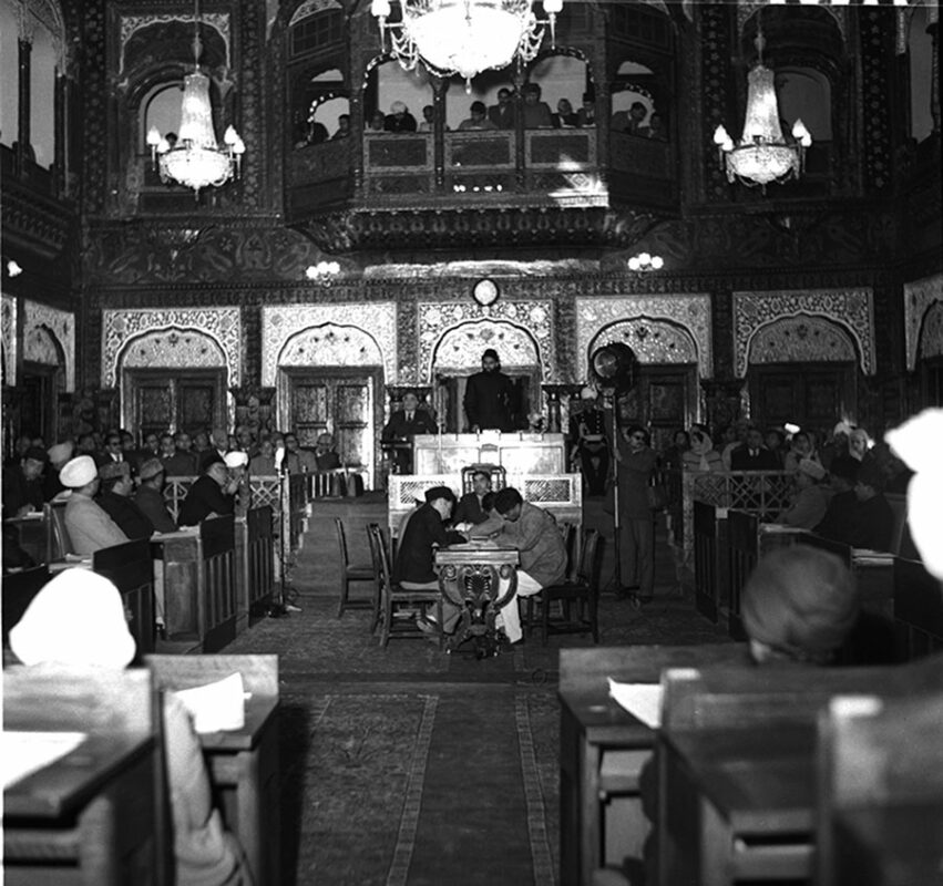 Maulana Mohammed Sayed Masoodi Provisional President of the Kashmir Constituent Assembly addressing the members on the inauguration of the Assembly in Srinagar on October 31, 1951.