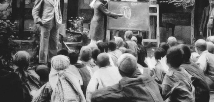 A pre-partition photograph showing the adult education class in progress, possibly in the old Biscoe School.
