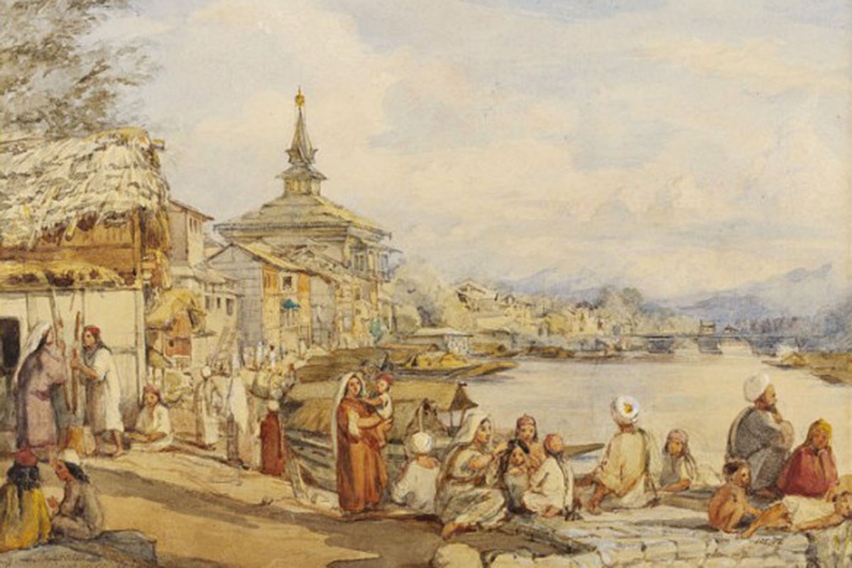 Near Khanqah-e-Moala British colourist William Carpenter Junior (1818-1899) has drawn this picture during one of his three visits to Kashmir. the most Known was in 1853.