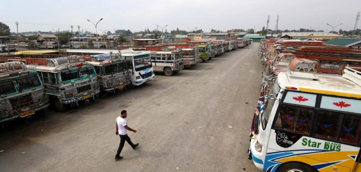 Public transport buses are parked inside Parimpora stand. KL Image: Bilal Bahadur