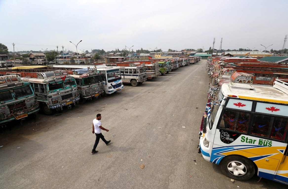 Public transport buses are parked inside Parimpora stand. KL Image: Bilal Bahadur